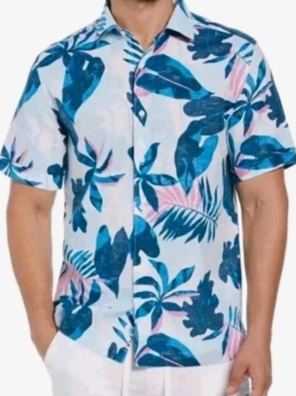 Cubavera Button Down Shirt Men's XL Blue Pink Hawaiian Tropical Linen Blend